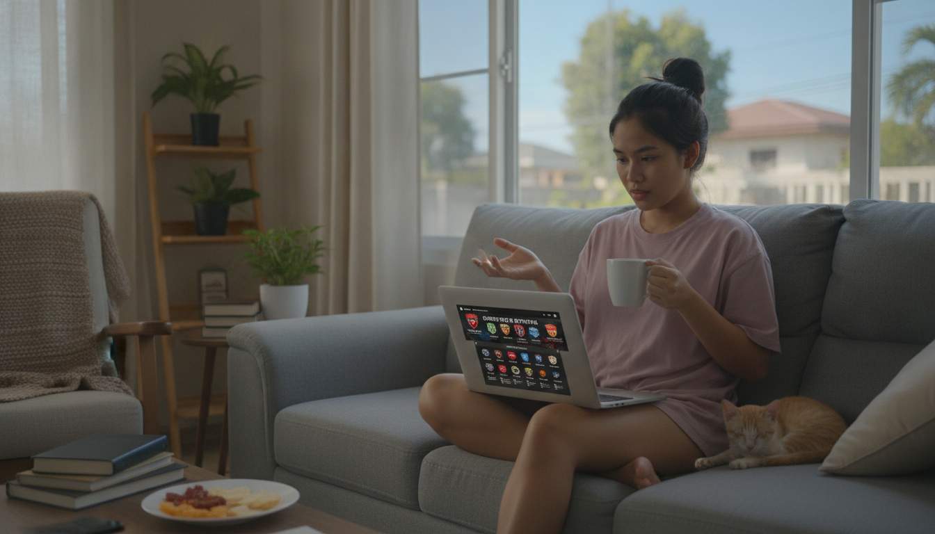A woman engaging in sports betting on a laptop